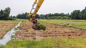 Maschinelle Ernte von Paludikultur produzierter Torfmoos-Biomasse auf dem Feldversuch bei Oldenburg (Quelle: Greta Gaudig / GMC)